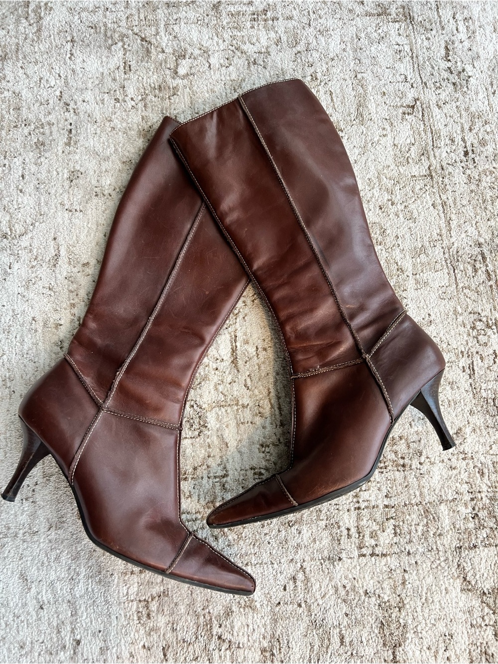 Women's Brown Leather Knee-High Heeled Boots — Classic Pointed Toe